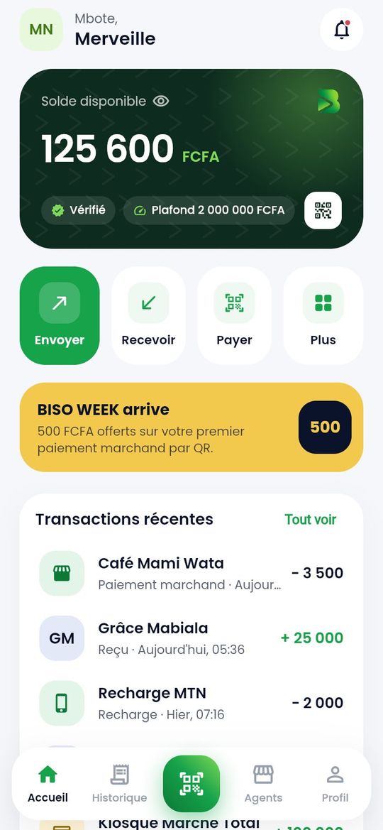Écran d’accueil de l’app BISO PAY